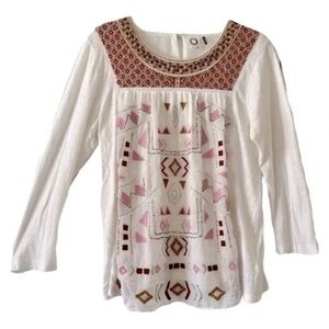Anthropologie Akemi+Kin | White Boho Embroidered Geometric Beaded Top, Small